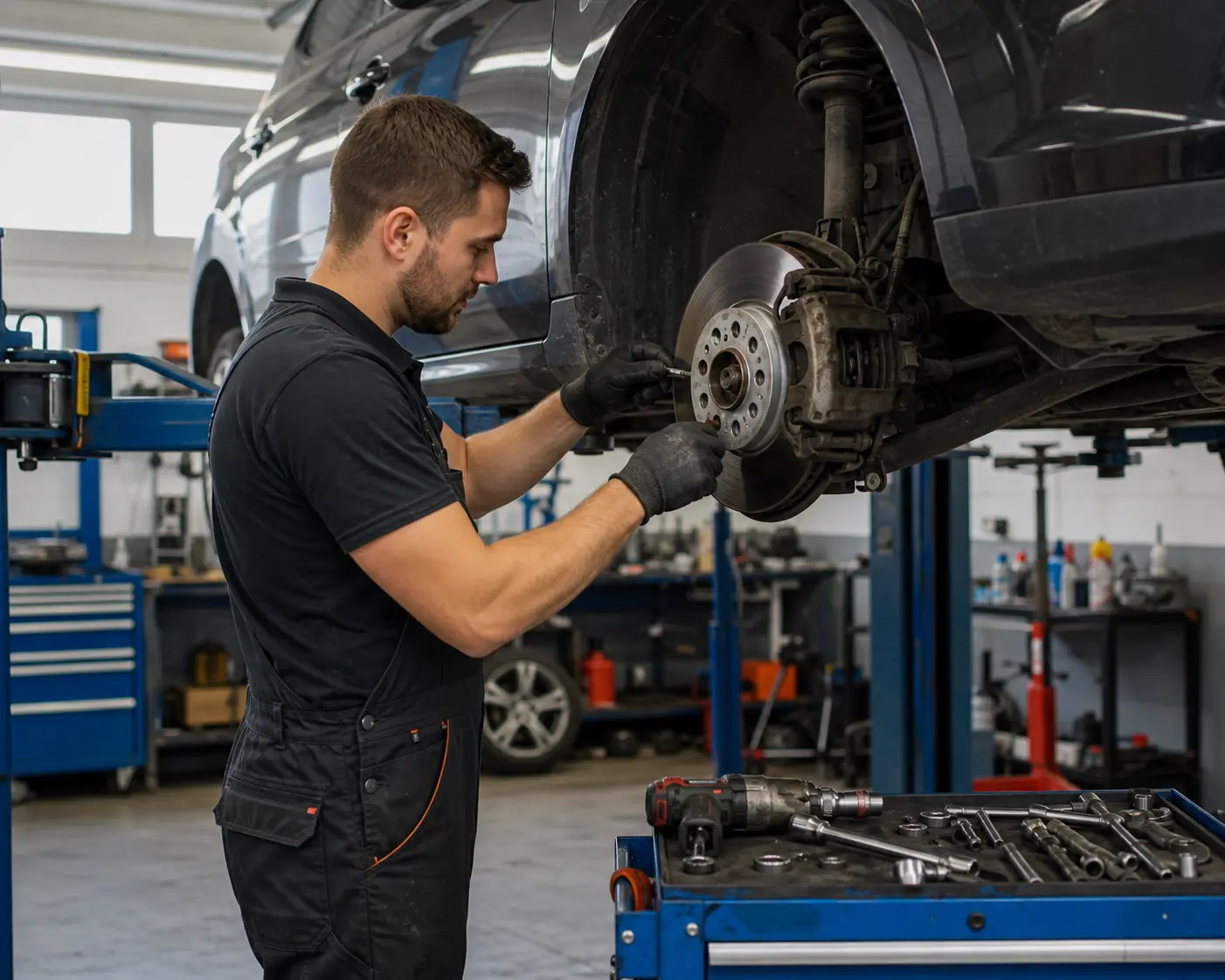 Mechanik vymieňa brzdové kotúče na aute na zdviháku