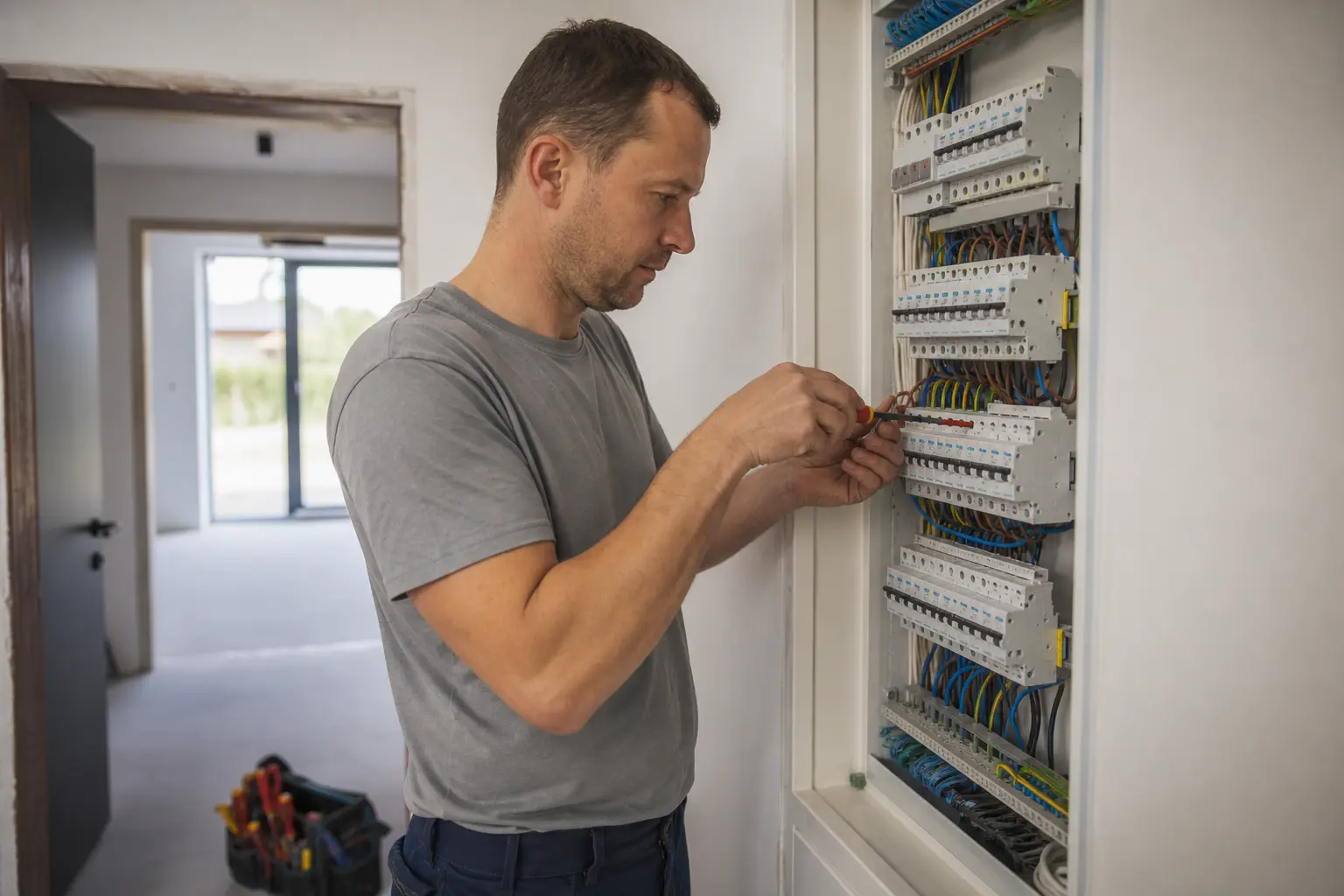 Elektrikár zapája nový rozvádzač v novostavbe rodinného domu
