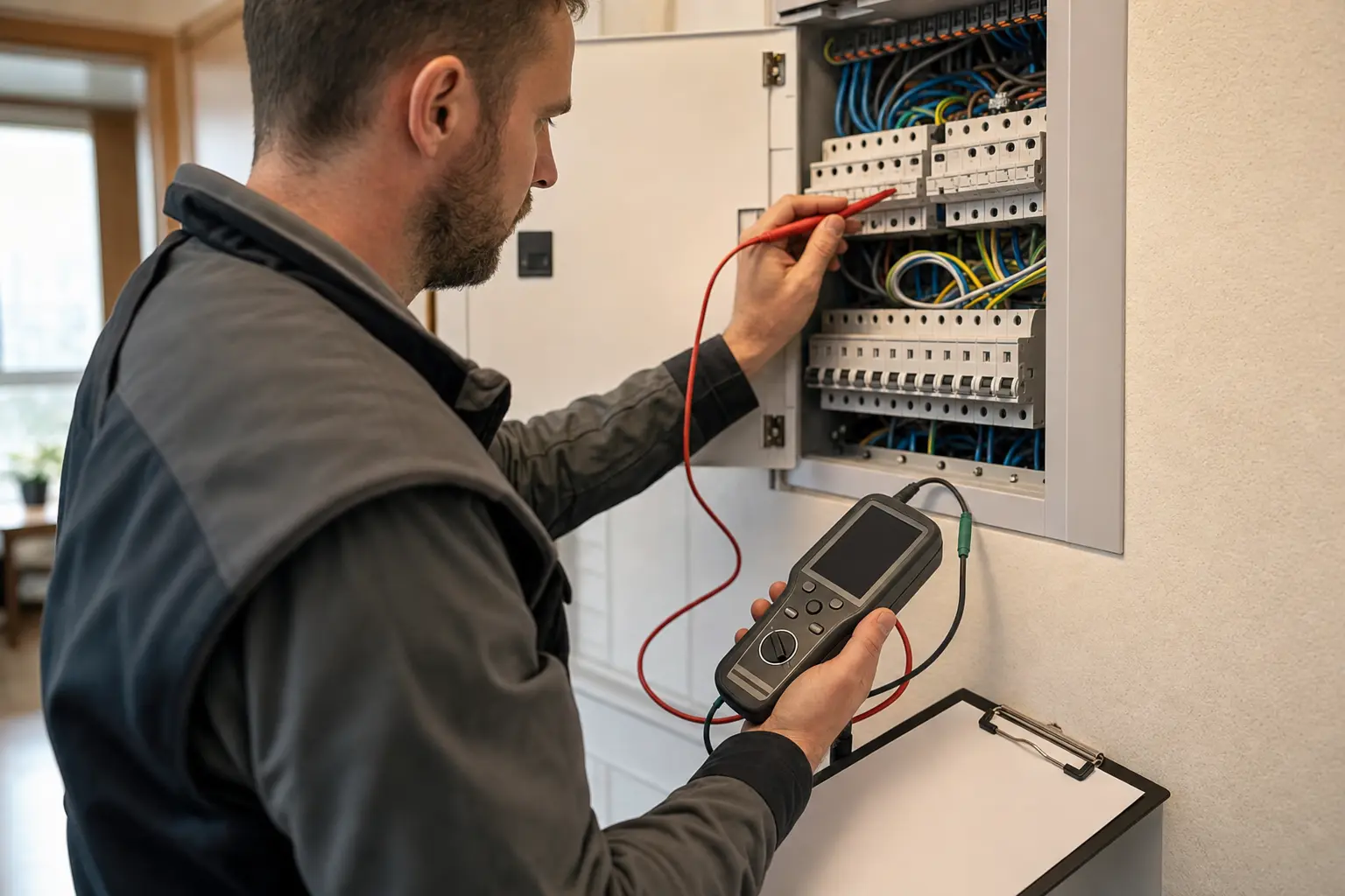 Revízny technik kontroluje rozvádzač s meracím prístrojom