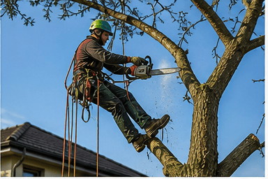 Arborista na lane odpilováva konáre vzrastlého stromu nad strechou domu